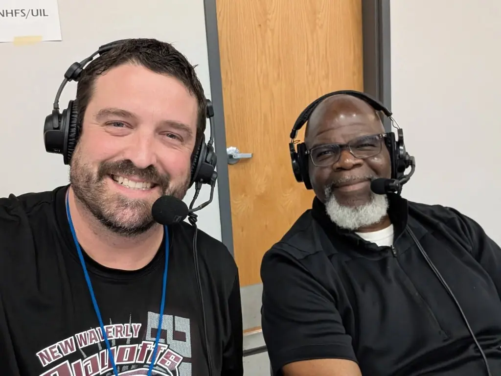 Rob Hipp in the broadcast booth for New Waverly playoffs